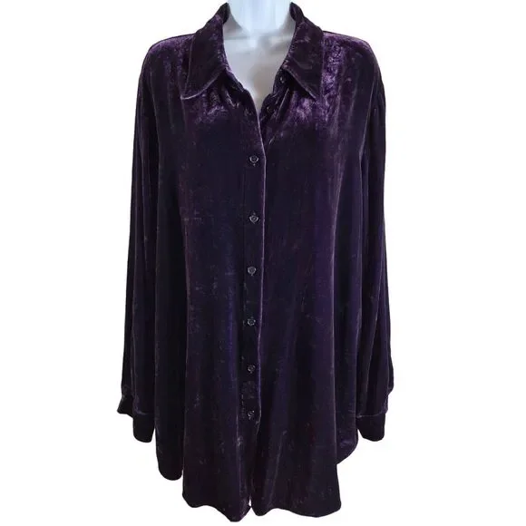 Soft Surroundings Purple Velour Button Up Shirt 2XL Relaxed Fit Minimalist Goth - Picture 2 of 8